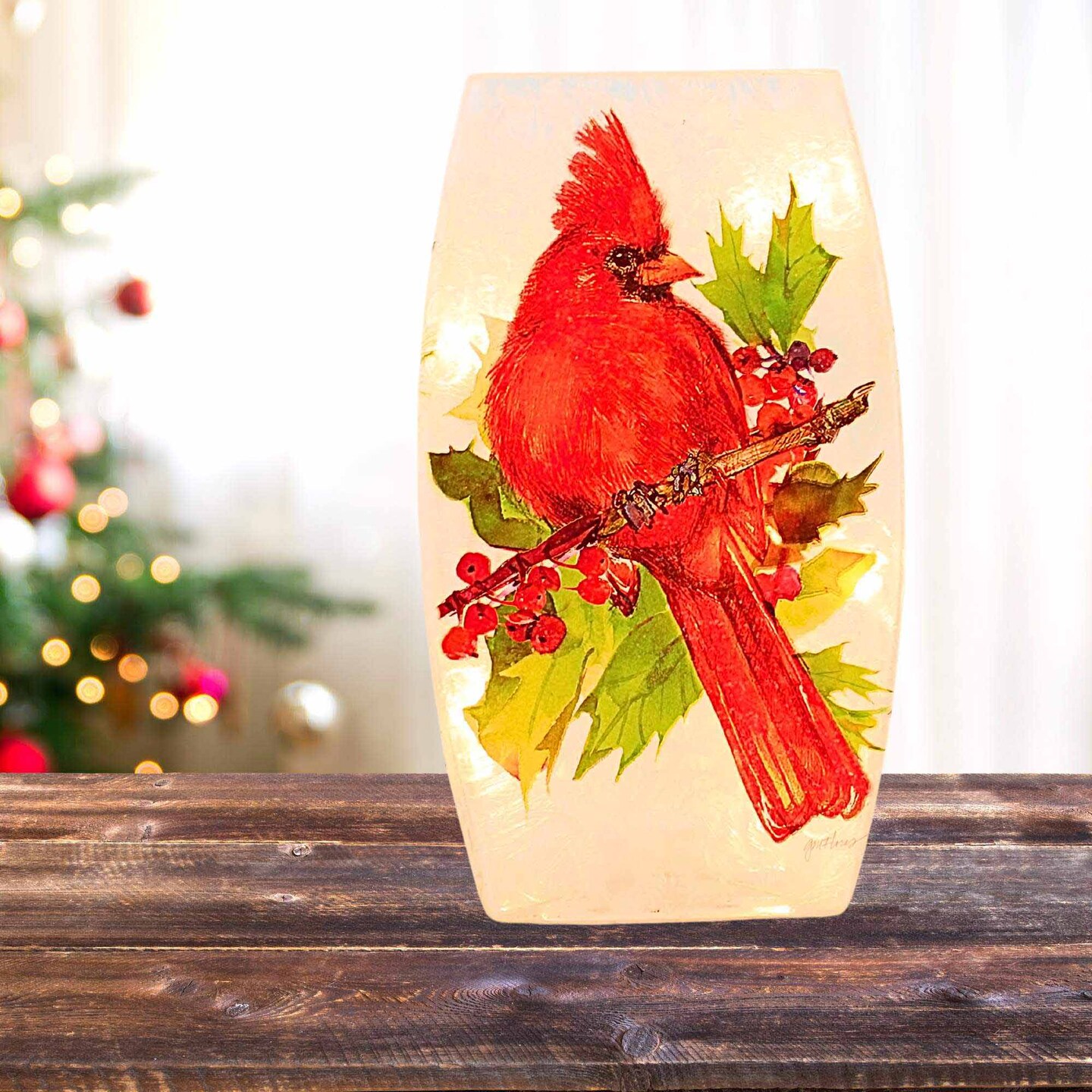 Stony Creek 8.0 Inch Birds Of Winter Pre-Lit Med Vase Christmas Lighted Glass Accent , Christmas Decor Cardinal Berries Pinecones