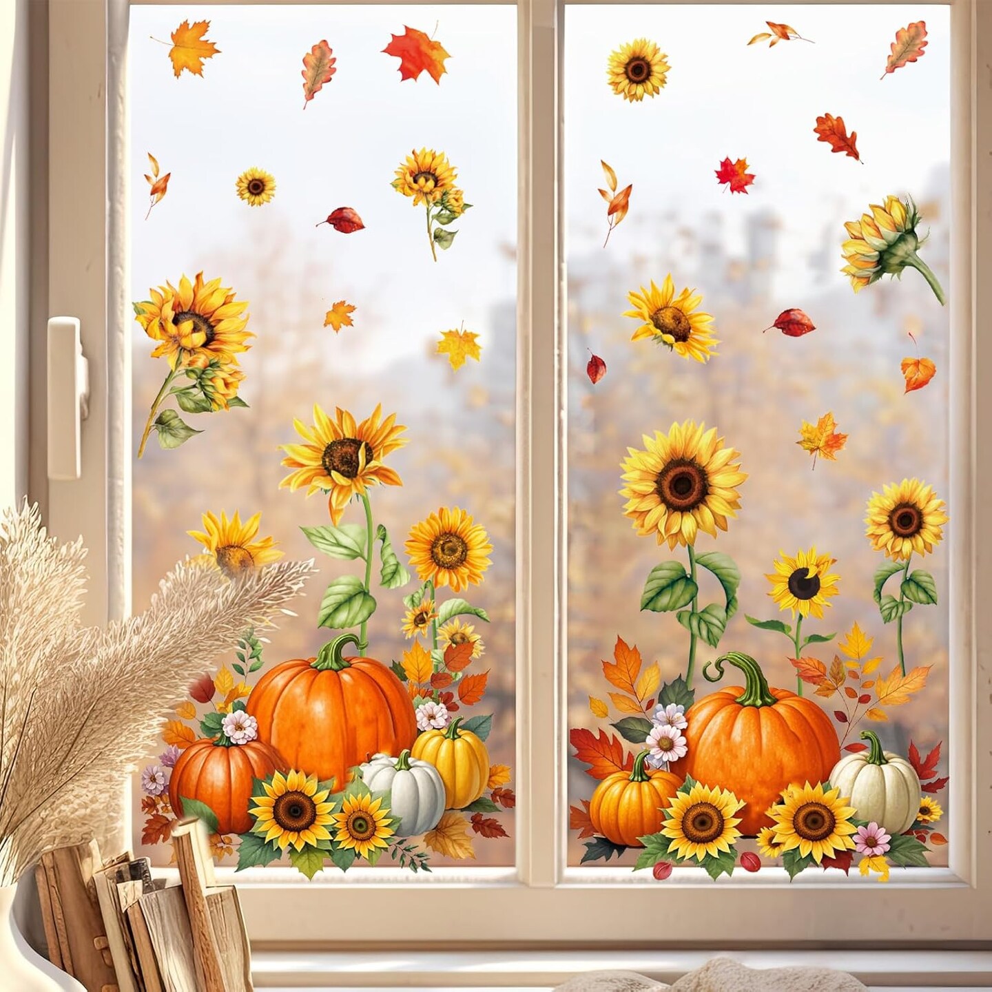 9 Sheets Fall Sunflower Window Clings Thanksgiving Pumpkin Leaves Window Stickers