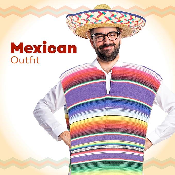 4E&#x27;s Novelty Mexican Serape Poncho with Sombrero Hat Costume &#x2013; Cinco De Mayo Outfit, Fiesta Party Dress Up Accessories