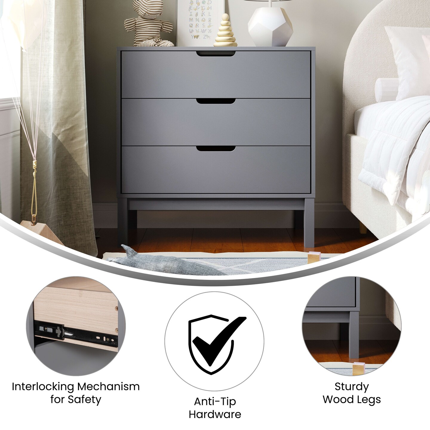 Emma and Oliver Samuel Kids Triple-Drawer Dresser with Solid Wood Frame, Chest of Drawers for Kids Bedroom