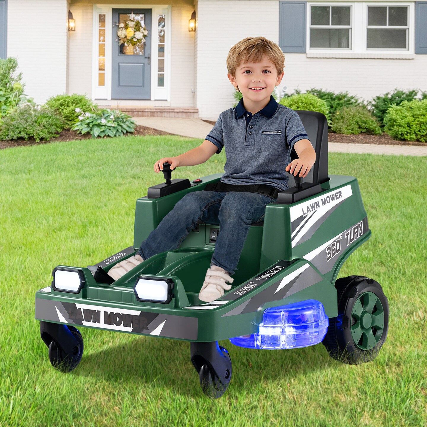 12V Kids Ride-On Lawn Mower Toy with LED Lights and Parent Control