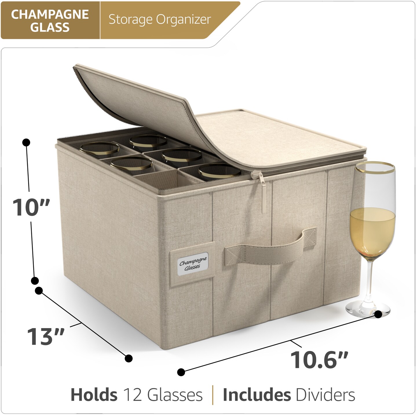 Sorbus Dinnerware Organizer for Champagne Flute Glasses with Lid (Holds Service for 12) with Felt Protectors - 13 x 10 x 10.6