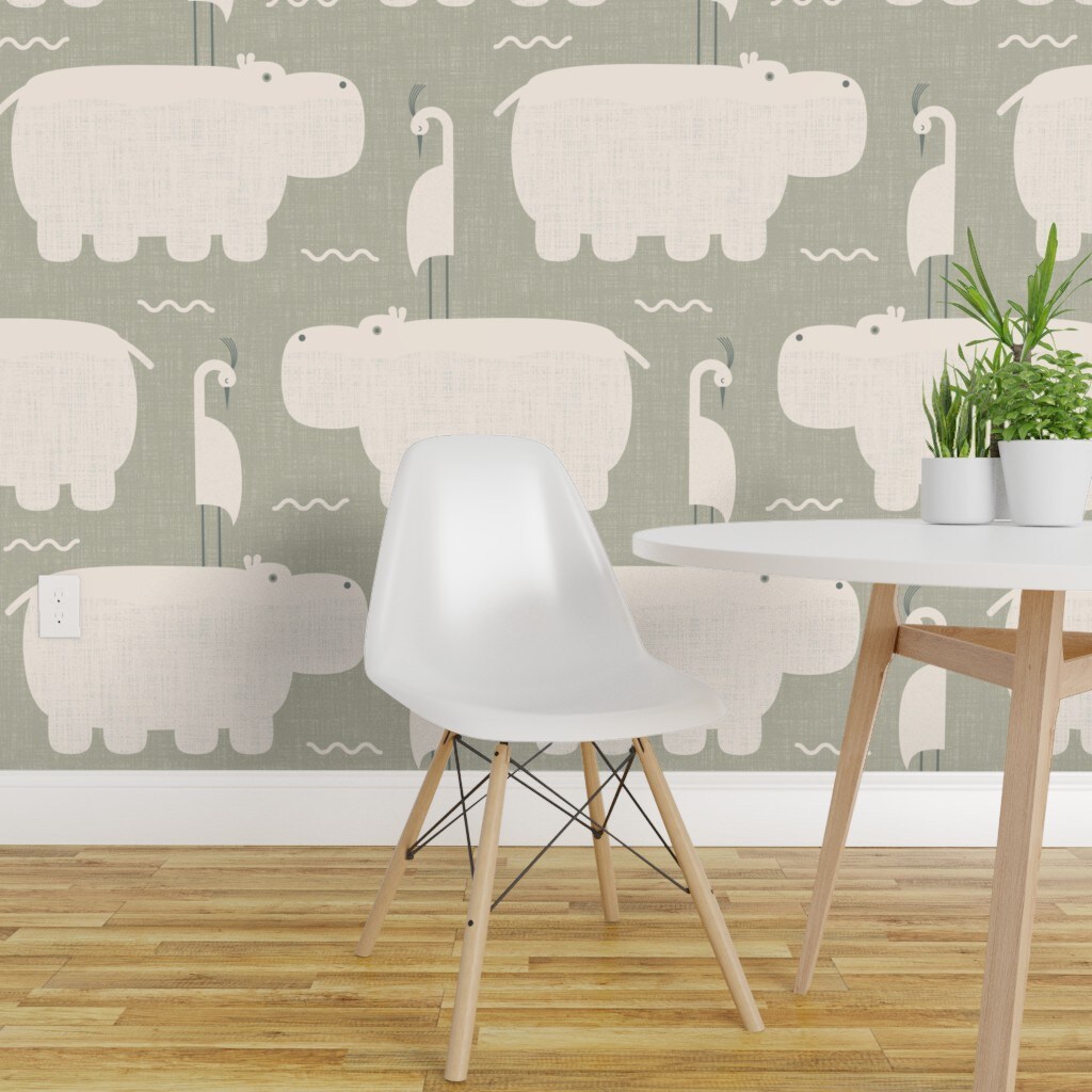 Pre-Pasted Wallpaper 2FT Wide Whimsical Animals Geometric Nursery Baby Lake Water Hippo Zoo Shower Green Sage Crosshatch Custom Pre-pasted Wallpaper by Spoonflower