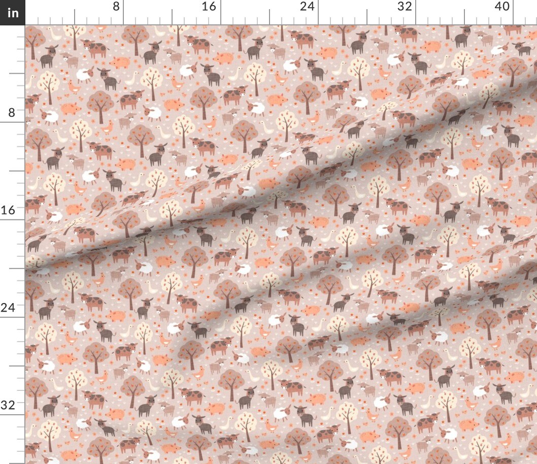 Whimsical Farm Warm Neutral Boho Animals Fun Cute Happy Cheerful Sheep Donkey Cow Gender Farmhouse Blush Terracotta Custom Printed Fabric by Spoonflower Various Fabrics by the Yard or Fat Quarter
