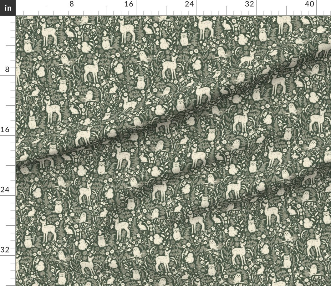 Various Fabrics by the Yard or Fat Quarter Woodland Animals Spring Forest Hand Drawn Novelty Botanical Baby Farmhouse Pine Green Ivory Cottagecore Custom Printed Fabric by Spoonflower
