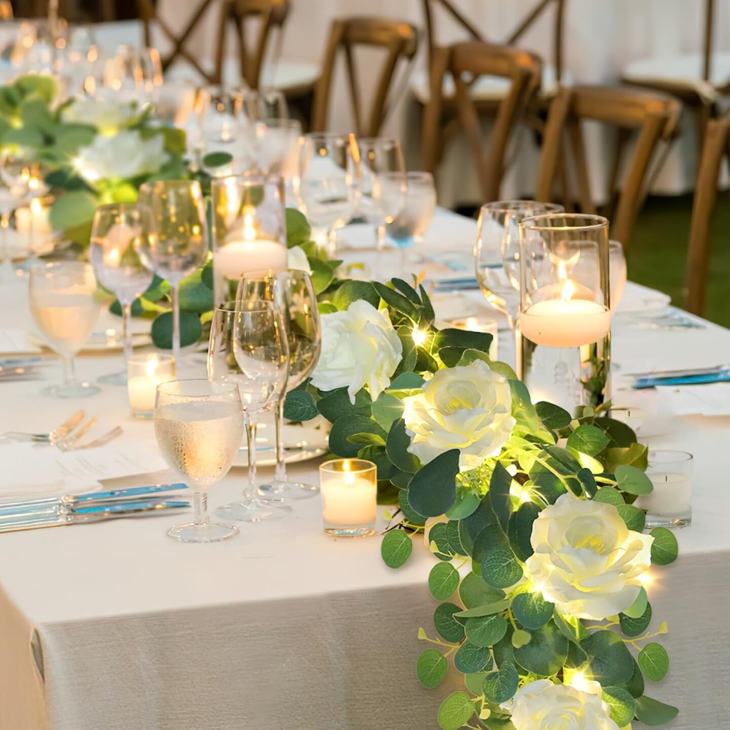 6.6FT Eucalyptus Garland with Lights Spring Baby Breath Flower Garland with 12 White Roses Artificial Floral Greenery Vine for Table Arch Backdrop Wedding Valentines Day Decorations