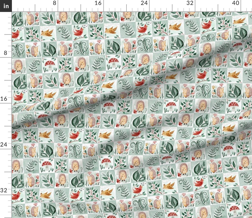 Sage Quilt Topper Hedgehog Whimsical Woodland Forest Animals Wholecloth Green Cheater Quilt Patchwork Custom Printed Fabric by Spoonflower Various Fabrics by the Yard or Fat Quarter