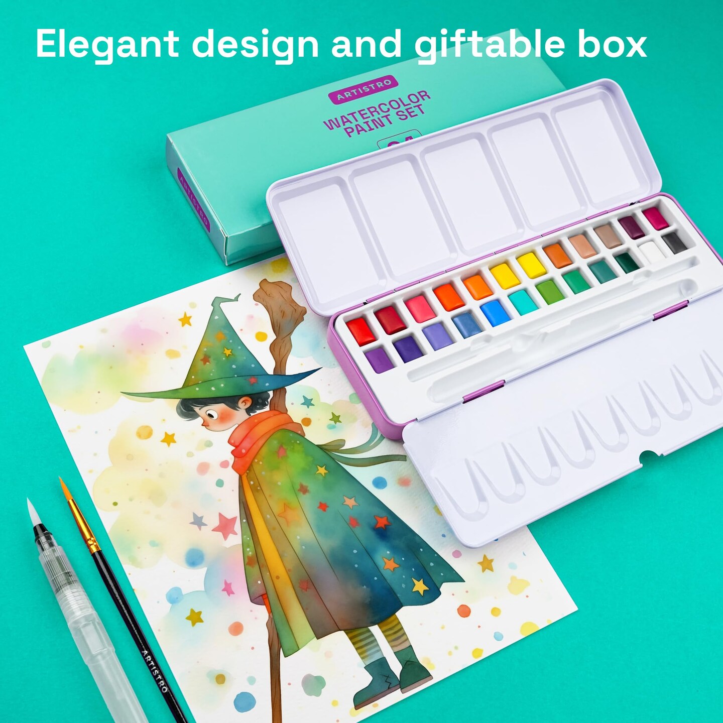 ARTISTRO Watercolor Paint Set 24 Colors, Travel Watercolor Set in Portable Box, Water Color Paint Sets for Kids, Mini Water Colors Paint Adult Set for Artists, Beginners, Amateur Hobbyists