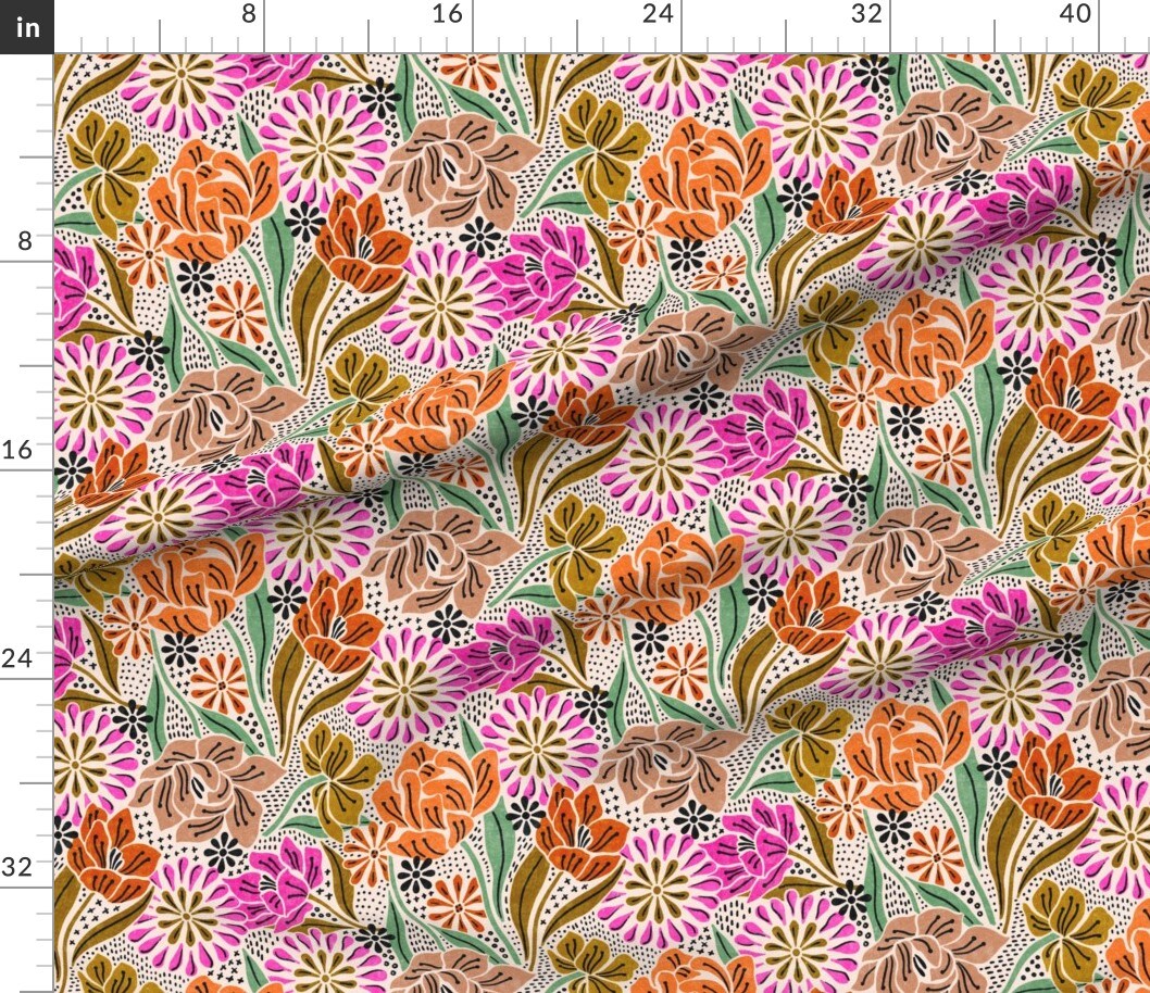 Various Fabrics by the Yard or Fat Quarter Summer Garden Bohemian Blooms Folk Art Boho Refined Orange Pink Custom Printed Fabric by Spoonflower