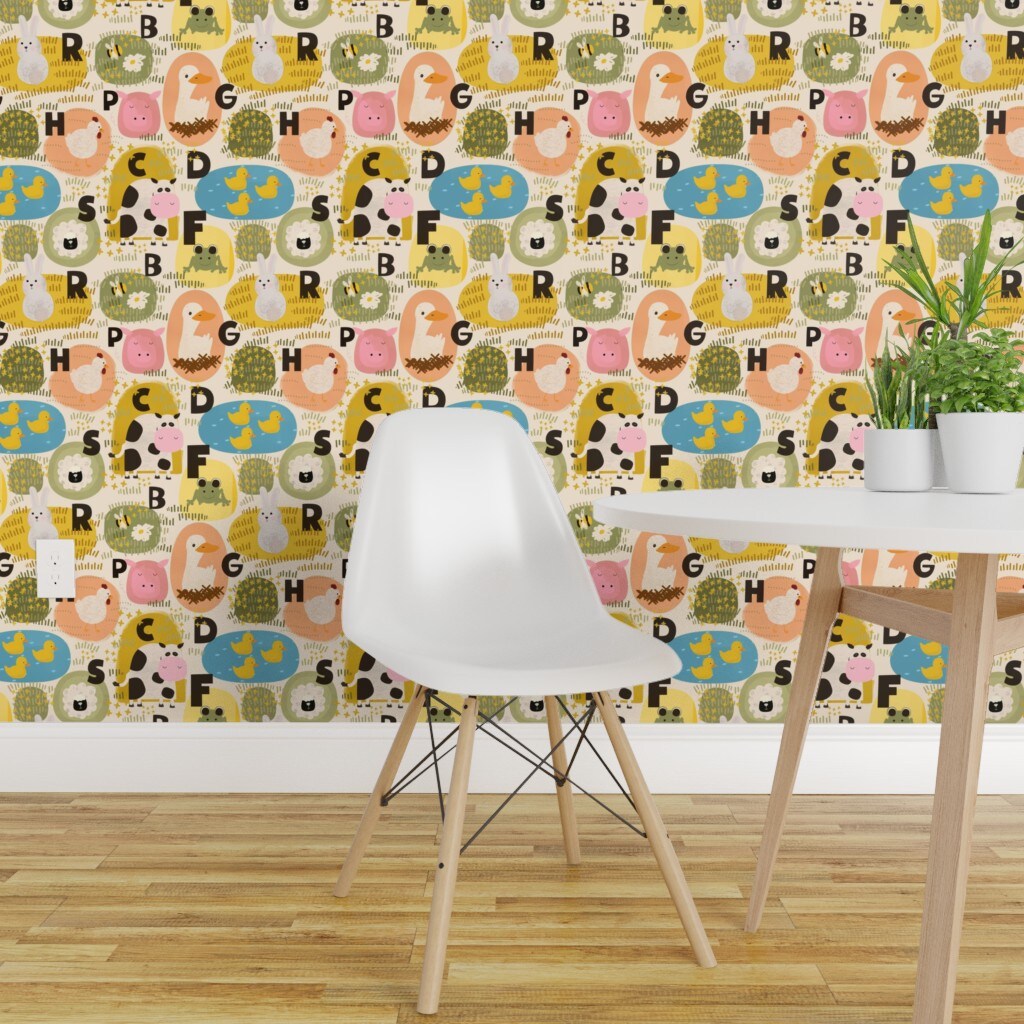 Pre-Pasted Wallpaper 2FT Wide Farm Animals Scandinavian Patchwork Bohemian Farmhouse Whimsical Fun Cute Happy Cheerful Bright Pastel Yellow Pink Blue Custom Pre-pasted Wallpaper by Spoonflower