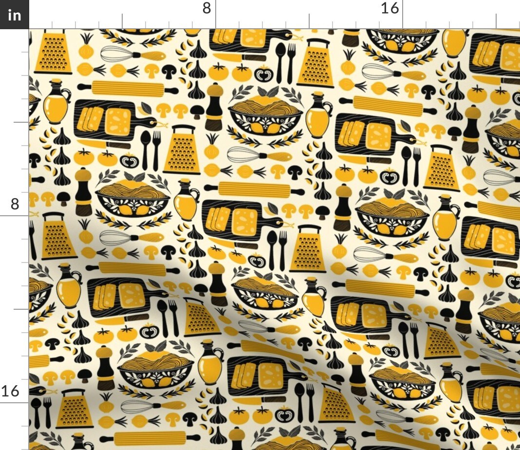 Retro Kitchen Yellow And Black Tomato Onion Garlic Knife Cutting Board Bowl Bread Spaghetti Custom Printed Fabric by Spoonflower Various Fabrics by the Yard or Fat Quarter