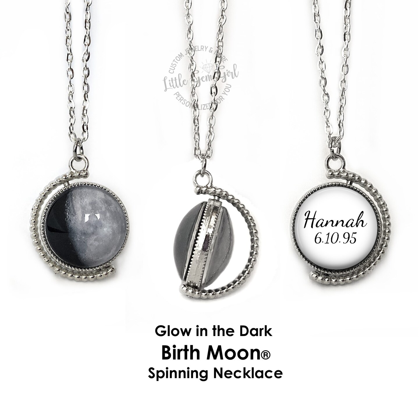 Personalized Birth Moon Phase Necklace, Glow in Dark, Double-Sided Rotating  Charm with Custom Text, Birthday or Anniversary Gift, Unisex MakerPlace 