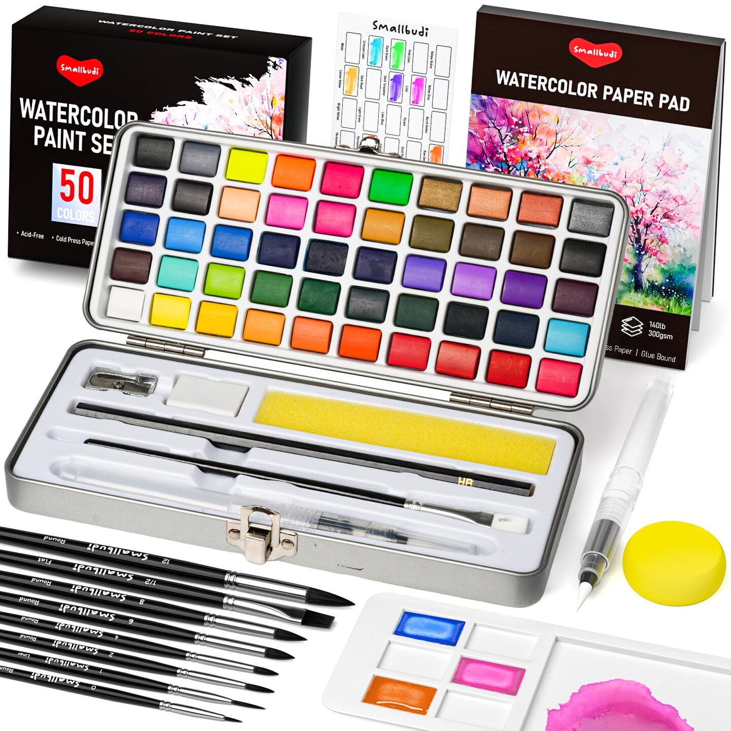Watercolor Paint Set 50 Colors Including Metallic, Watercolor Kit with Case, Watercolor Paper, Paint Brushes, Palette and Accessories, Water Color Art Supplies Gift for Adults Kids Artists