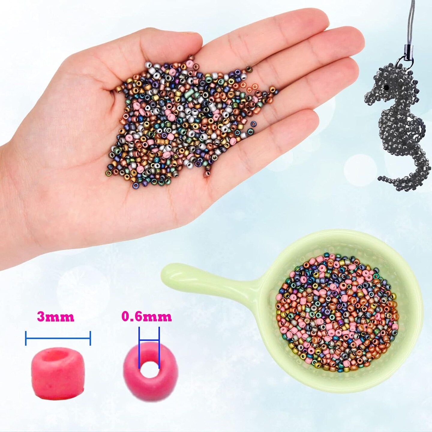 8/0 Glass Seed Beads Kit, 3mm Metal Color Waist Beads, 24Colors Small Pony Beads with String for Bracelet