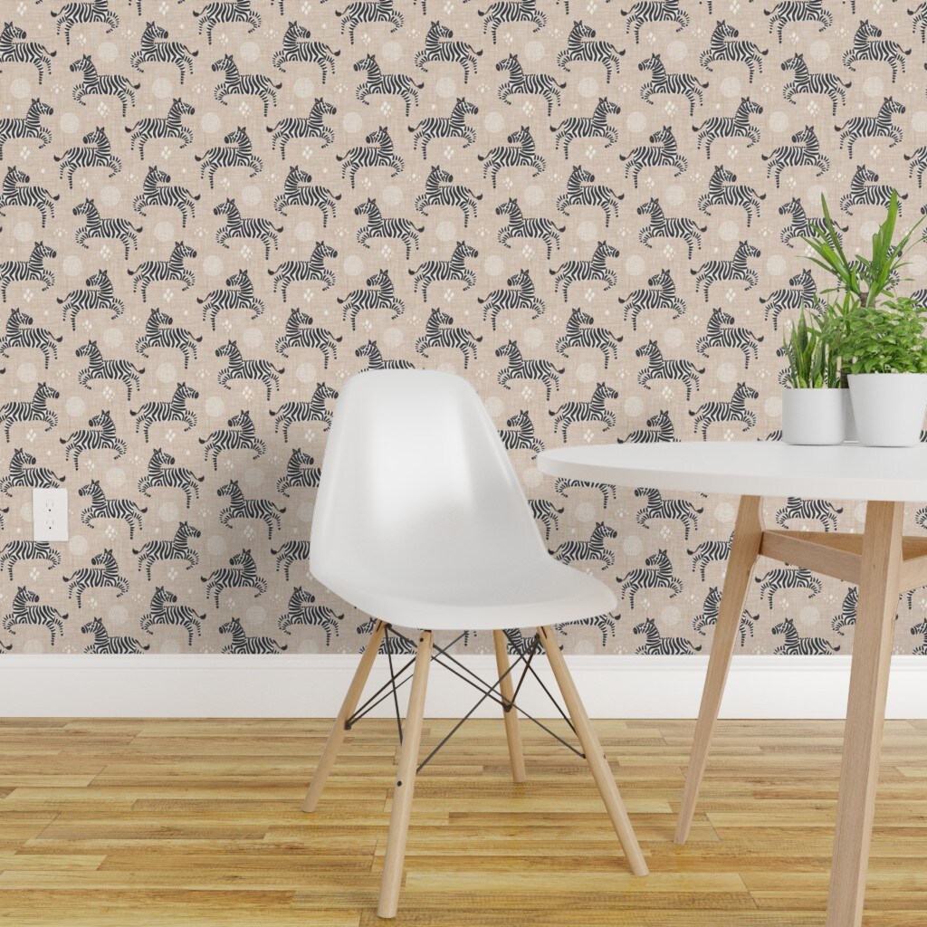 Peel &#x26; Stick Wallpaper 2FT Wide Whimsical Zebra Gender Neutral Kids Room Hand Drawn Horses Charcoal Ivory Sand Beige Custom Removable Wallpaper by Spoonflower