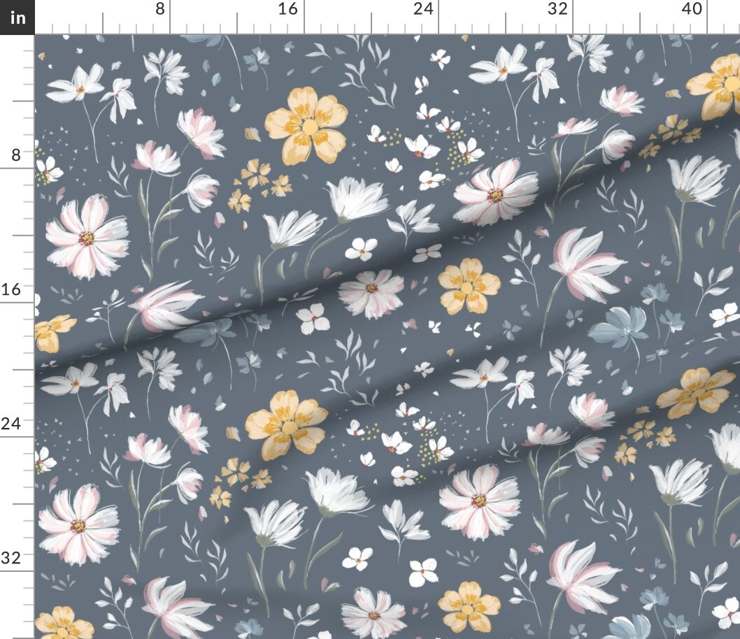 Spring Floral Modern Botanical Buttercup Cosmos Garden Hydrangea Slate Yellow Custom Printed Fabric by Spoonflower Various Fabrics by the Yard or Fat Quarter