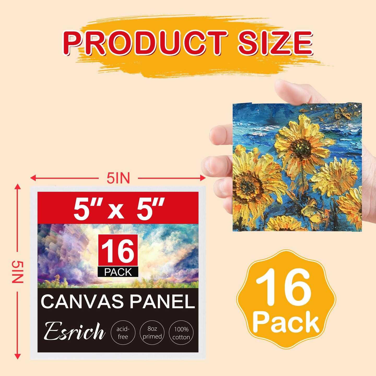 Canvas Boards for Painting, 16 Pack Canvases for Painting 5x5 100% Cotton Small Paint Canvas Primed Acid Free Mini Blank Canvas Panels for Oil Paint,Watercolor,Acrylic Paint,Gouache&#x26;Tempera.