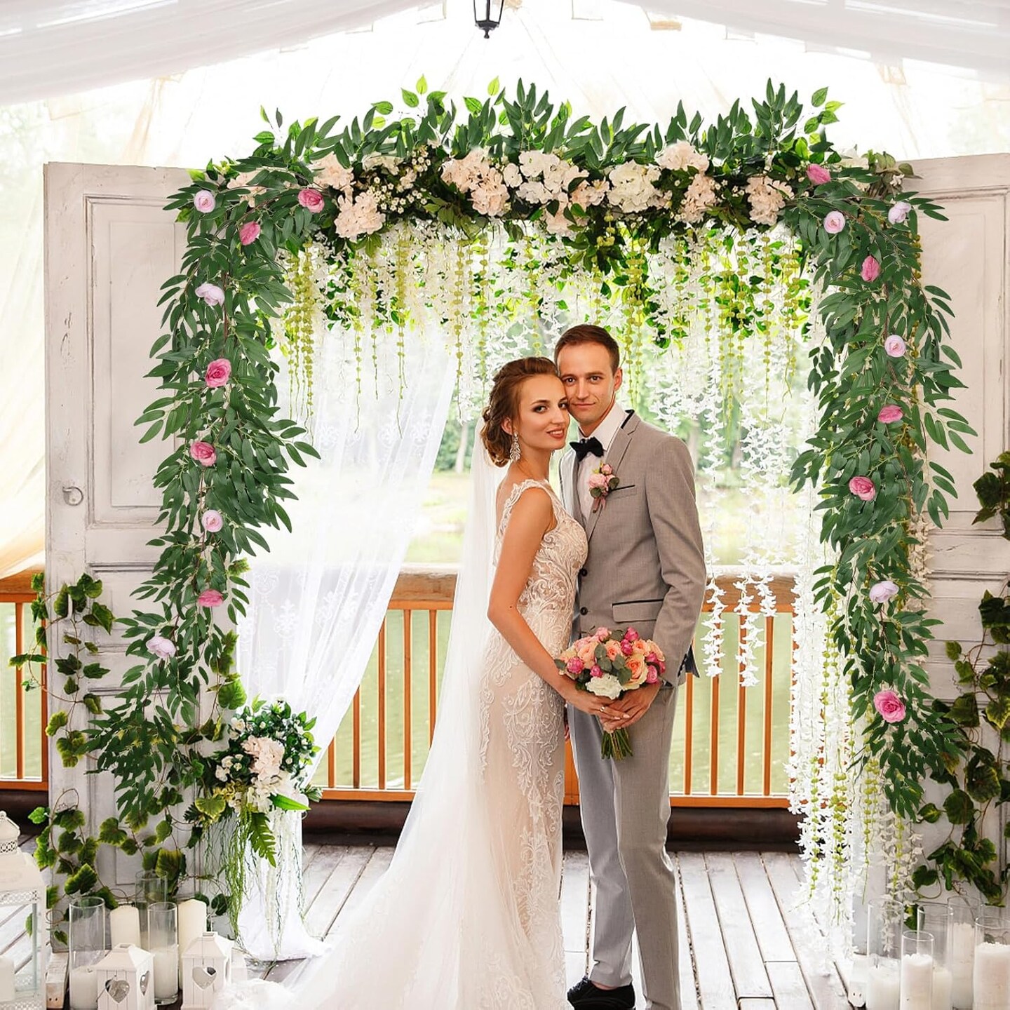 Artificial Hanging Willow Leaves Vine Twigs Whit Roses Flower 2Pc 5.7Ft Faux Ivy Plant Silk Green Leaf Rose Floral Garland Greenery Indoor Outdoor Wedding Jungle Birthday Party Garden Decor