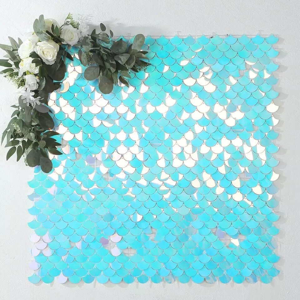 24 Iridescent Blue Mermaid Scales Sequin Wall Photo Backdrop Panels Party Events