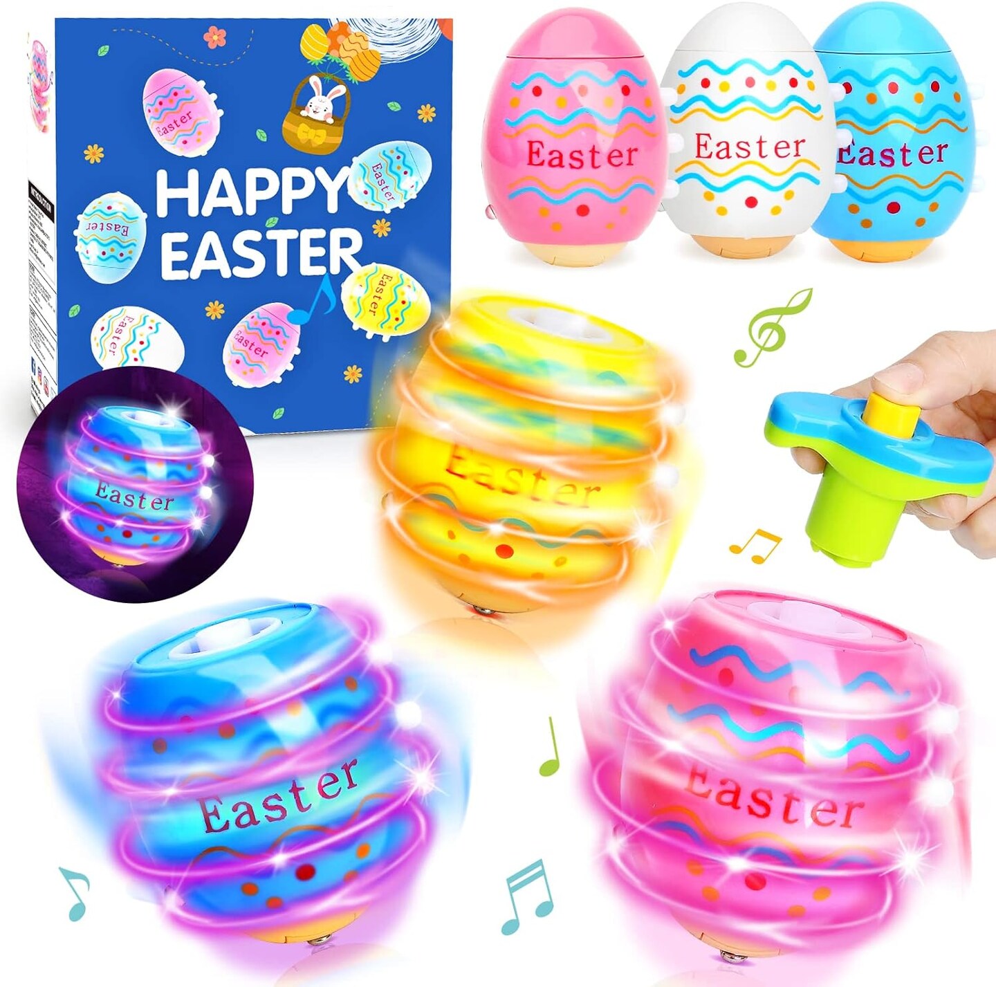 Light Up Easter Eggs Toy Gifts for Kids, 6 Easter Egg Spinning Tops with Flash &#x26; Music, Easter Basket Stuffers, Easter Eggs Hunt Prize, Kids Goodie Bag Fillers, Party Favor Novelty Bulk Toys