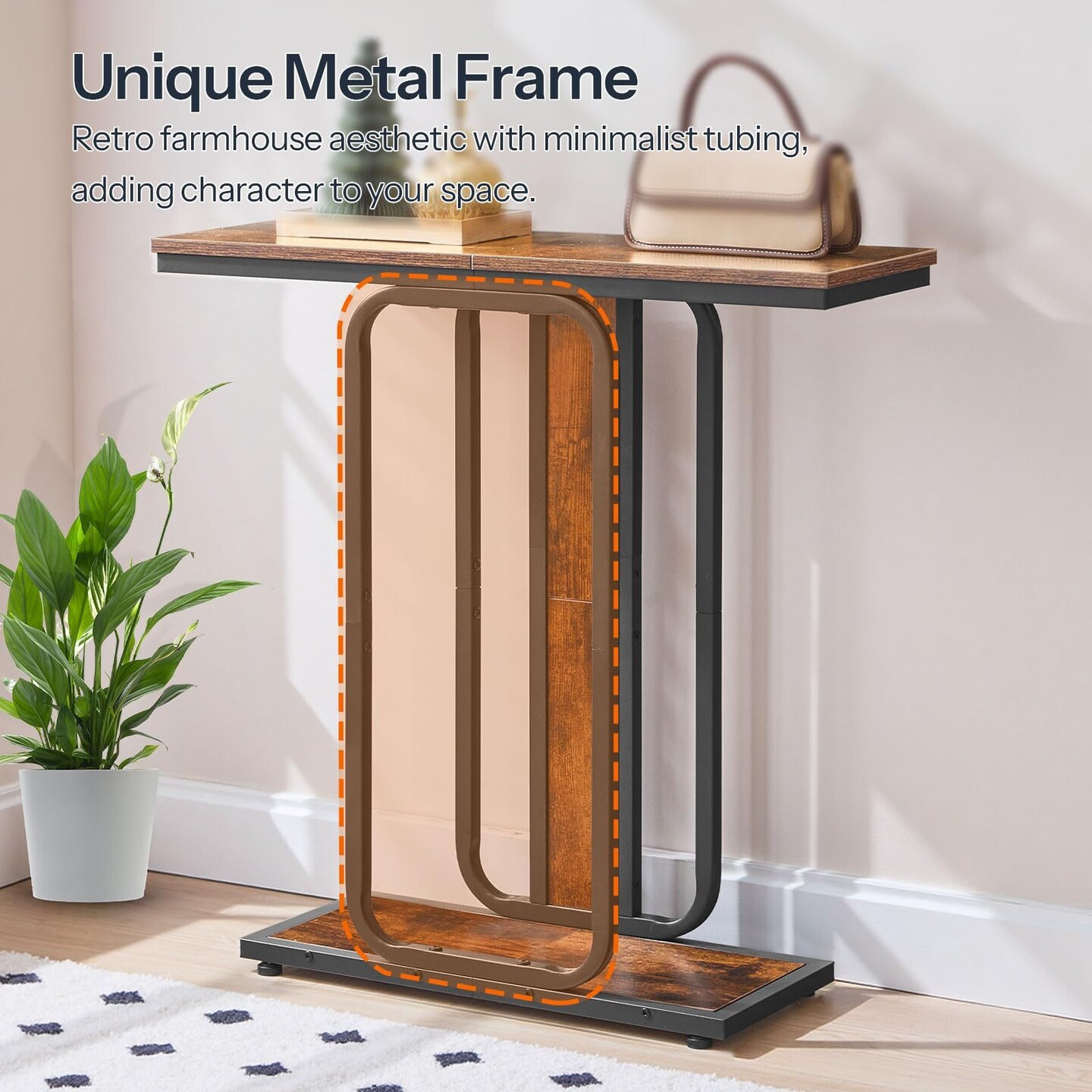 Industrial Narrow Accent Table with Sturdy Metal Frame, Rustic Entryway Table