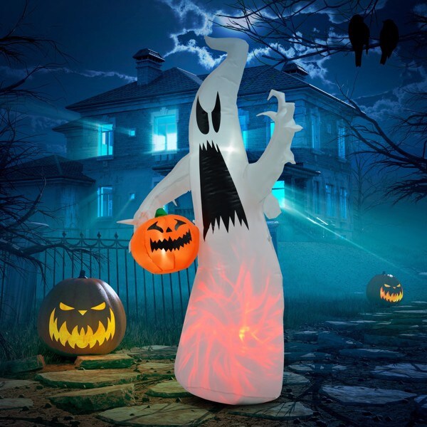 Halloween Inflatable 41.25" White Ghost Decoration Holding a Pumpkin
