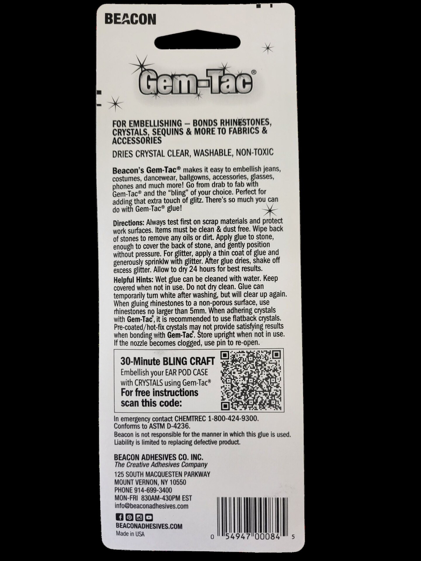 Beacon Gem-Tac Permanent Glue for Embellishing, MINI 3 Pack, 0.51 FL OZ Total, Clear