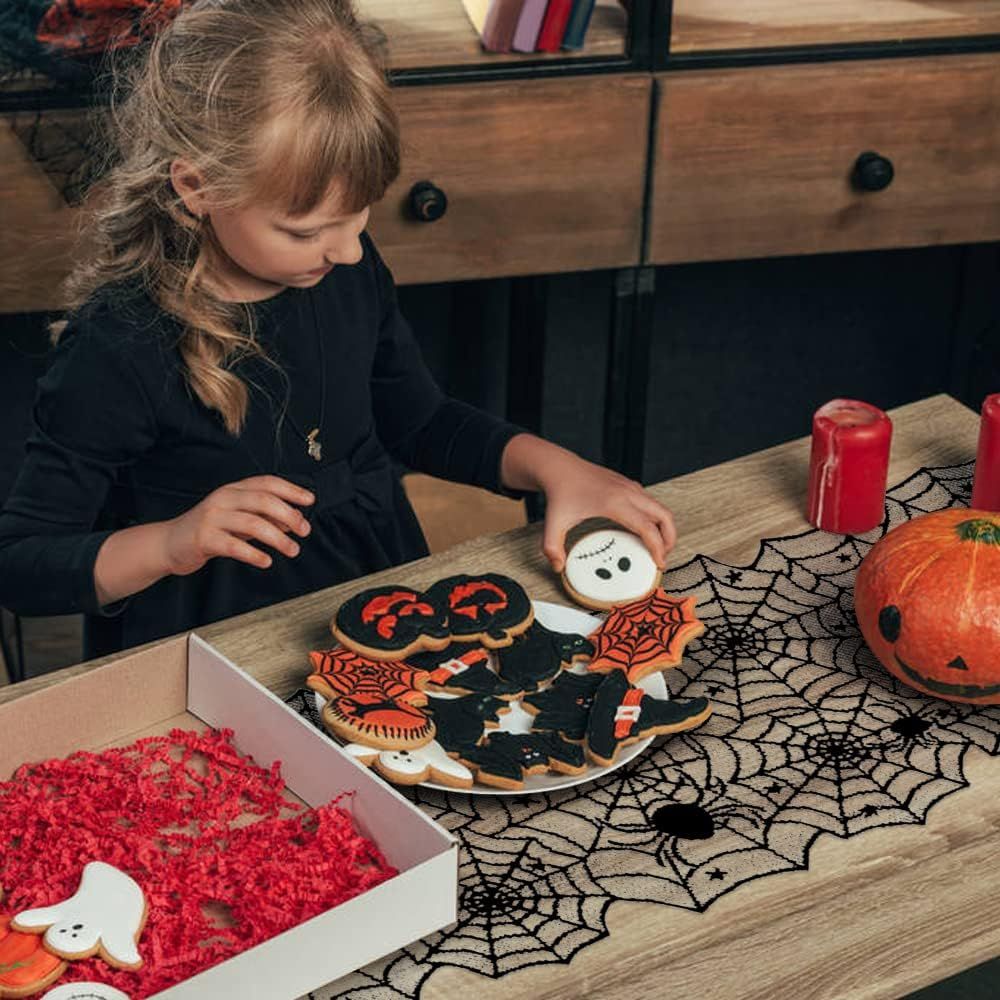 Halloween Decoration Table Runner with 12 Pack 3D Bats, Spider Web Black Lace Table Runner for Kitchen Dinner Table, Halloween Party Decoration Indoor - 13 x 72 Inch
