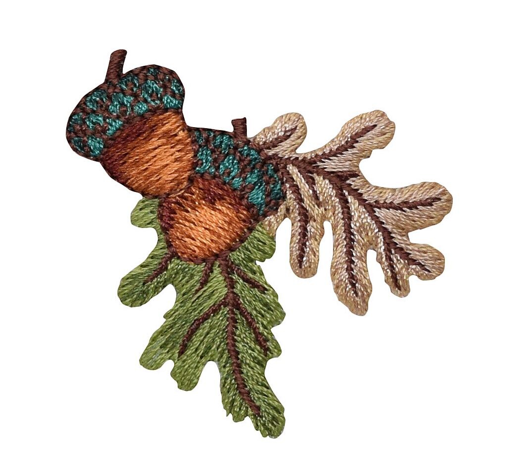 Two Acorns - Brown and Green Leaves Embroidered, Iron on Patch
