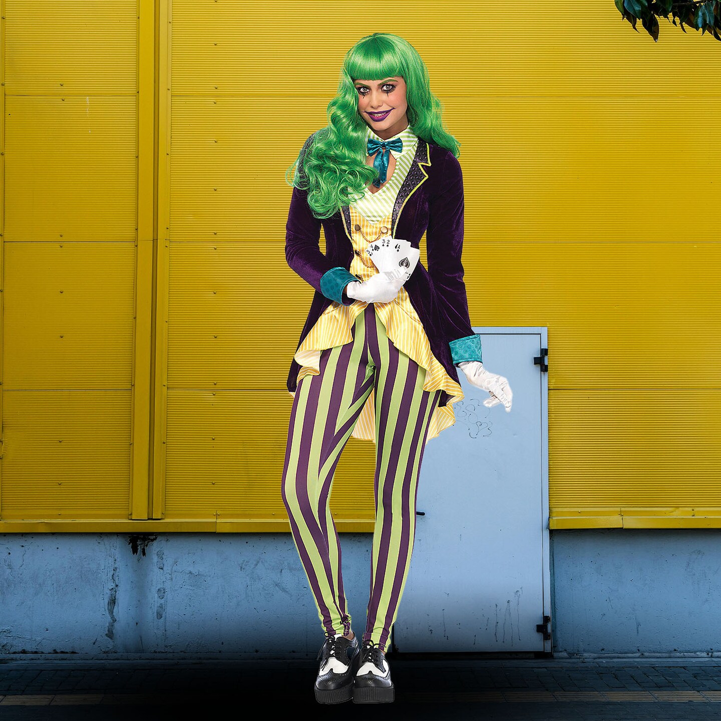 Women's Wicked Joker Halloween Costume Sequin Velvet Satin Jacket with Striped Leggings