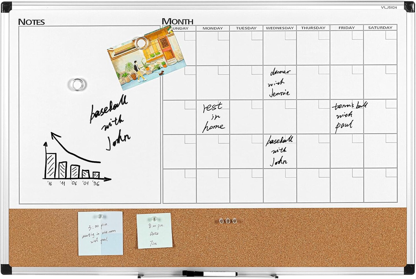 VUSIGN Monthly Calendar Whiteboard Dry Erase Cork Board Combo, 24&#x22; x 36&#x22; Planning Board, Silver Aluminium Frame