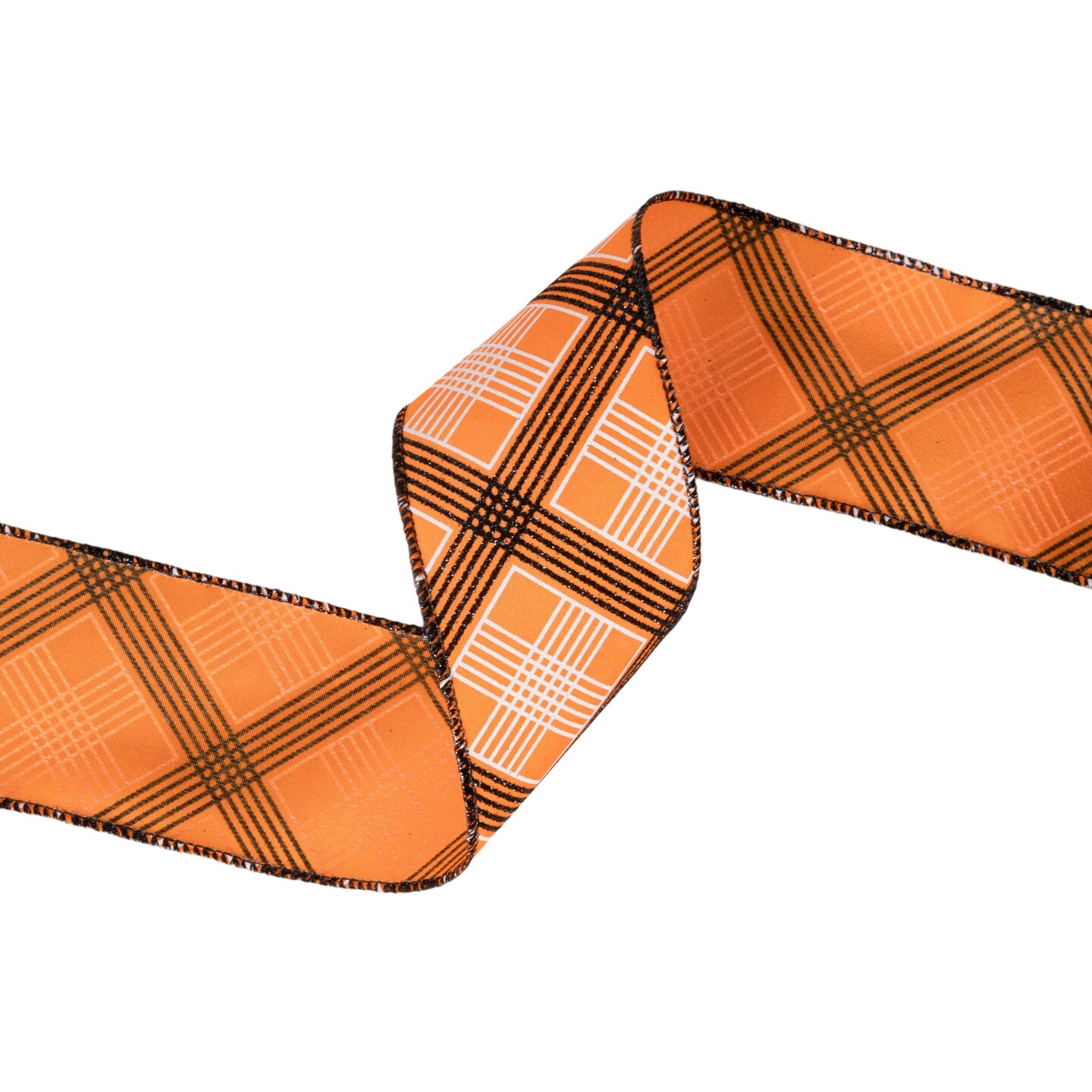 LaRibbons 2 1/2" Wired Ribbon | Black/White Bias Plaid on Orange | 10 Yard Roll