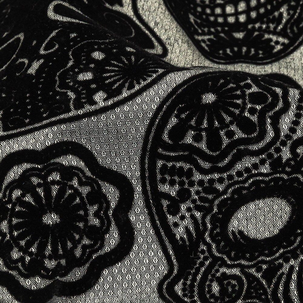 1 Yard Black Flocked Decorated Skulls on Silver Sconce Diamonds Cotton and Polyester Dobby