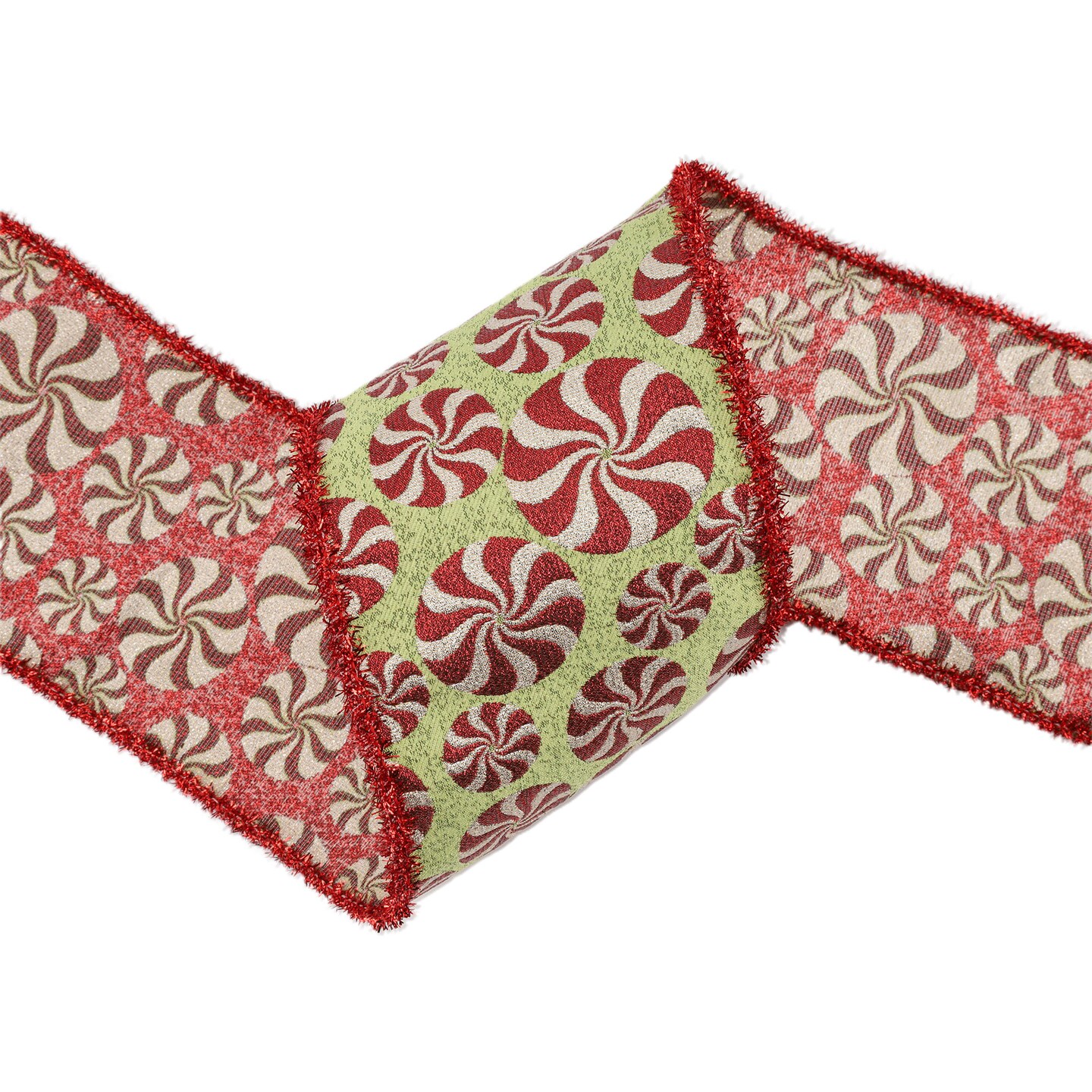 LaRibbons 4" - 2 1/2" Wired Jacquard Ribbon | Peppermint on Fuschia w/ Tinsel Edge | 5 Yard Roll
