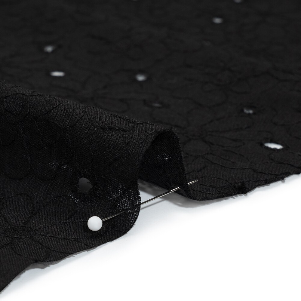 1 Yard Embroidered Eyelet Cotton Voile Black Field of Flowers Fabric 54 inch Width