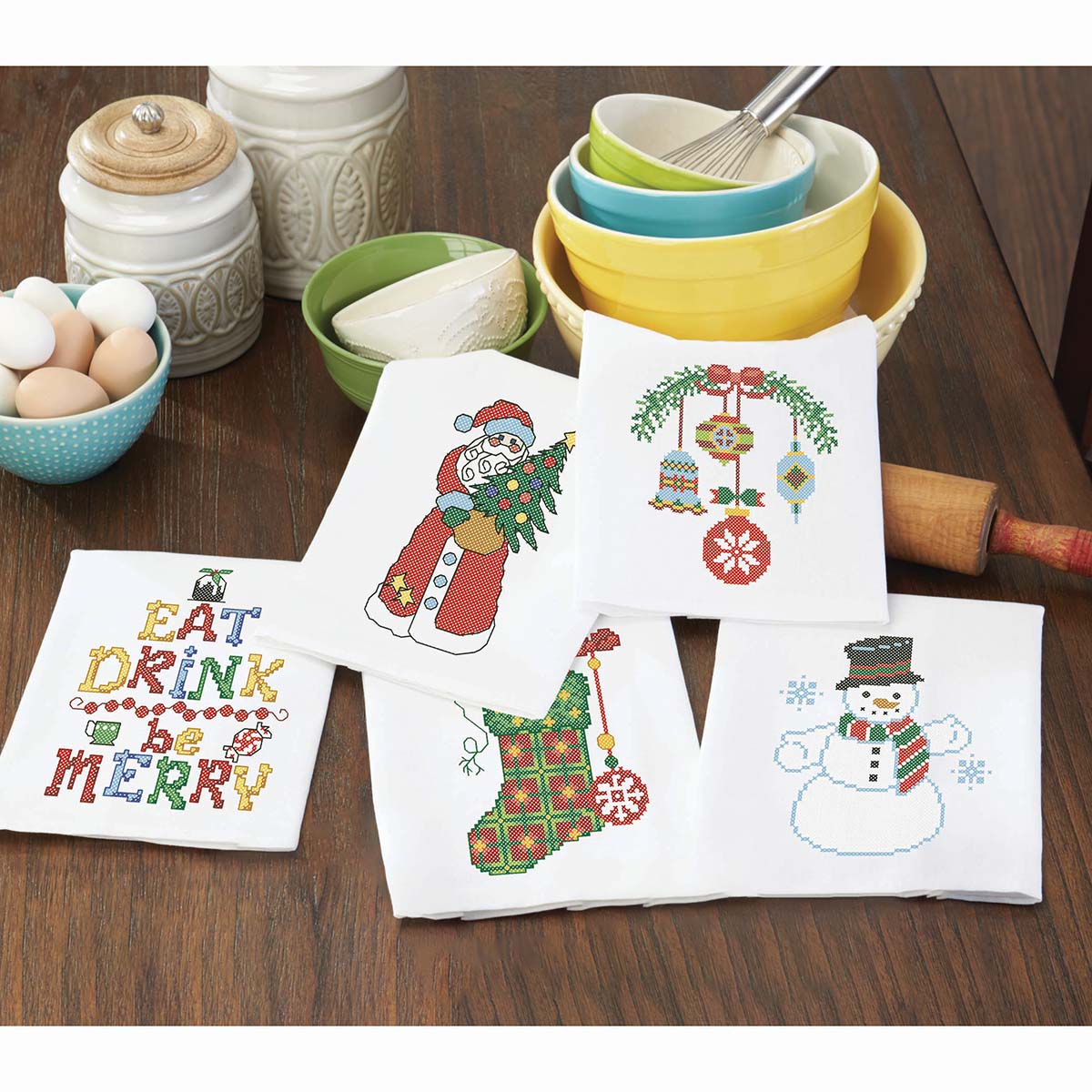 Herrschners  Holiday Happiness Towel Set Stamped Cross-Stitch