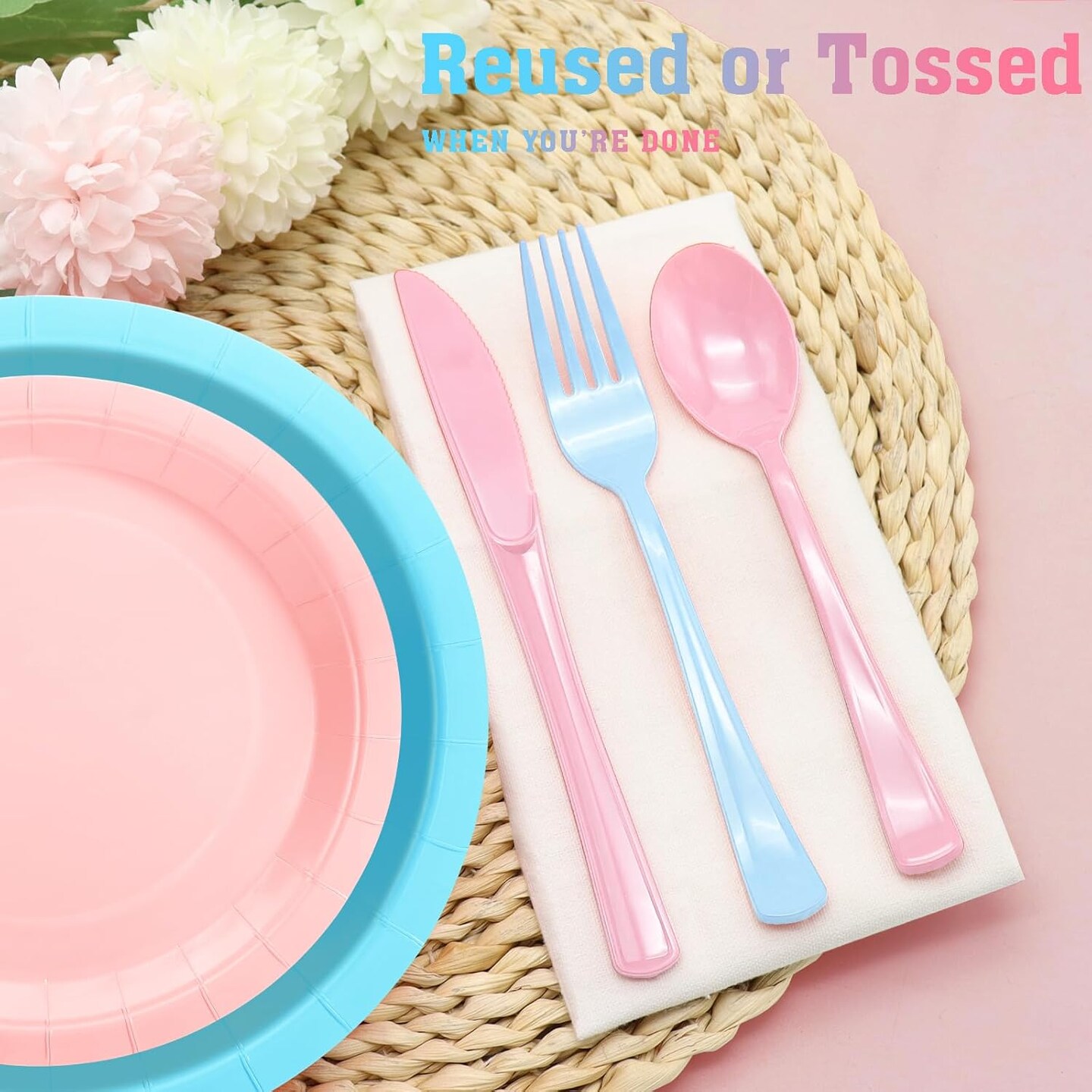 150 Pcs Pink and Blue Cutlery Heavy Duty Light Pink and Baby Blue Plastic Silverware - 50 Plastic Forks, 50 Knives, 50 Spoons for Baby Shower Gender Reveal