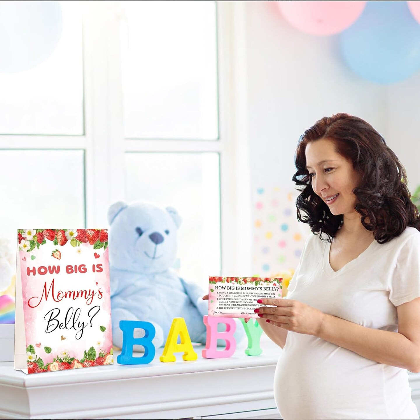 Guess Baby Shower Games Set – How Big is Mommy's Belly Sign, 64 Pcs Measure Bump Game with 50 Guessing Cards, 10 Pencils, and 3 Measuring Tapes