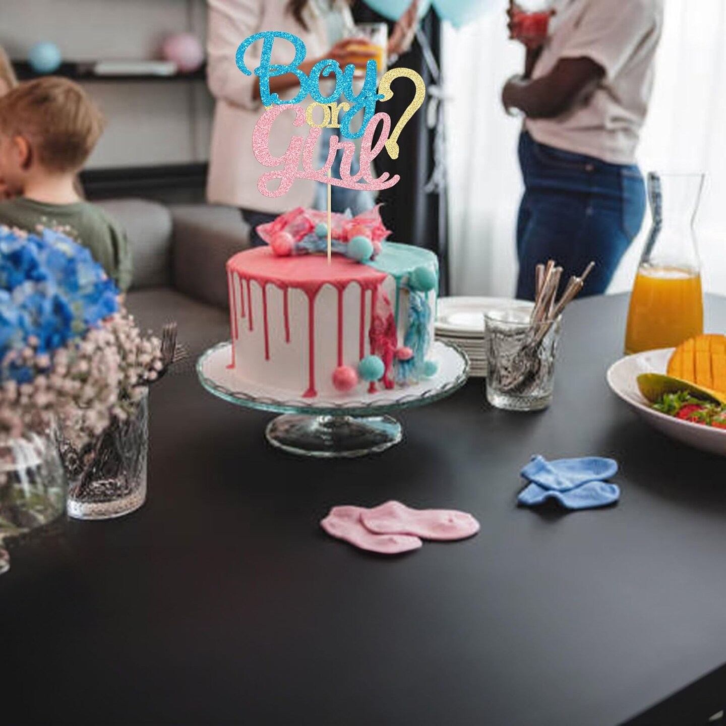 1 Pack Glitter Boy or Girl Cake Topper Blue and Pink Glitter He or She Cake Decoration Pick for Baby Shower Gender Reveal Party Decorations Supplies