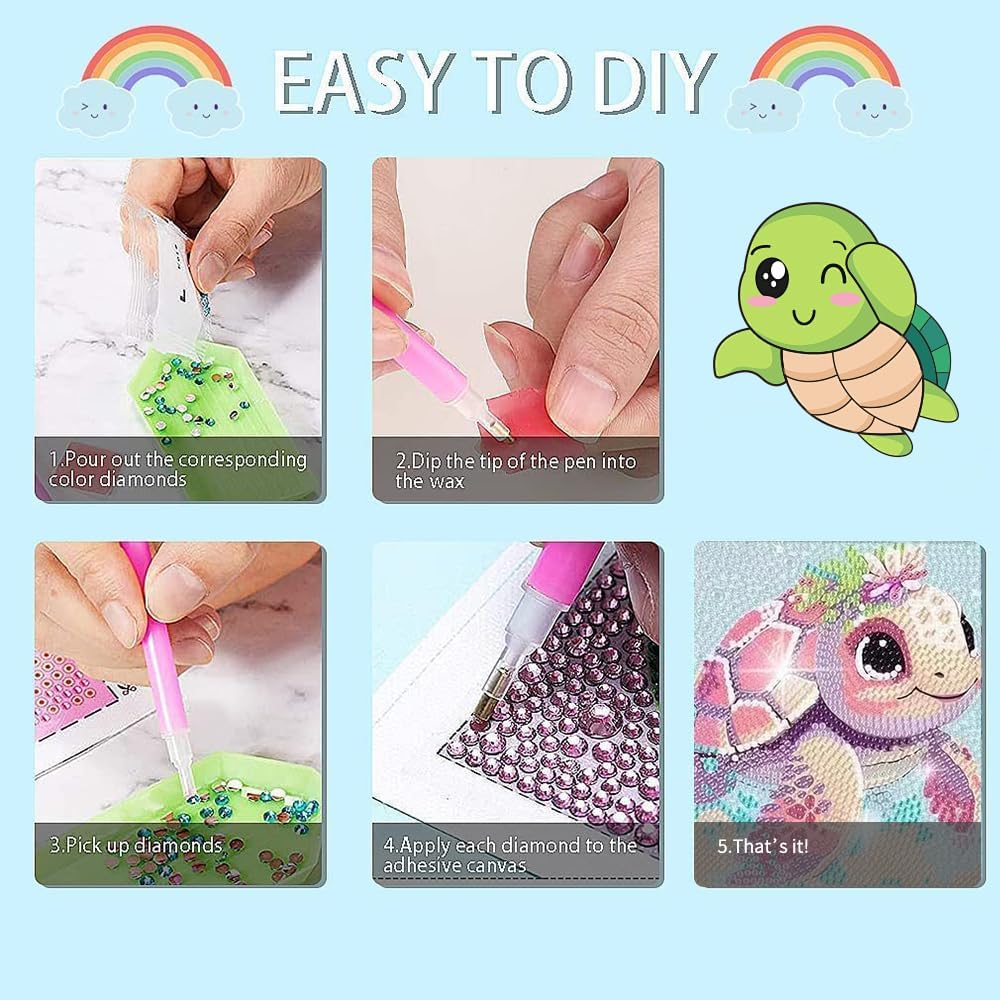Cute 5D Diamond Art Kits with Wooden Frame, Kawaii DIY Painting Art for Adults Kids, Diamond Arts and Crafts Sets, Big Gem Full Drill Diamond Dots for Women (Turtle)