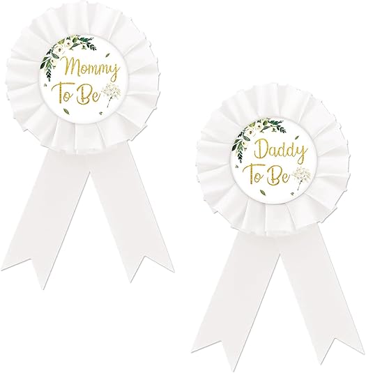 Mom To Be Tinplate Badge Pin, Baby Shower/Gender Reveal Button Pins, Daddy To Be Button Pin, White Rosette Mom To Be Button