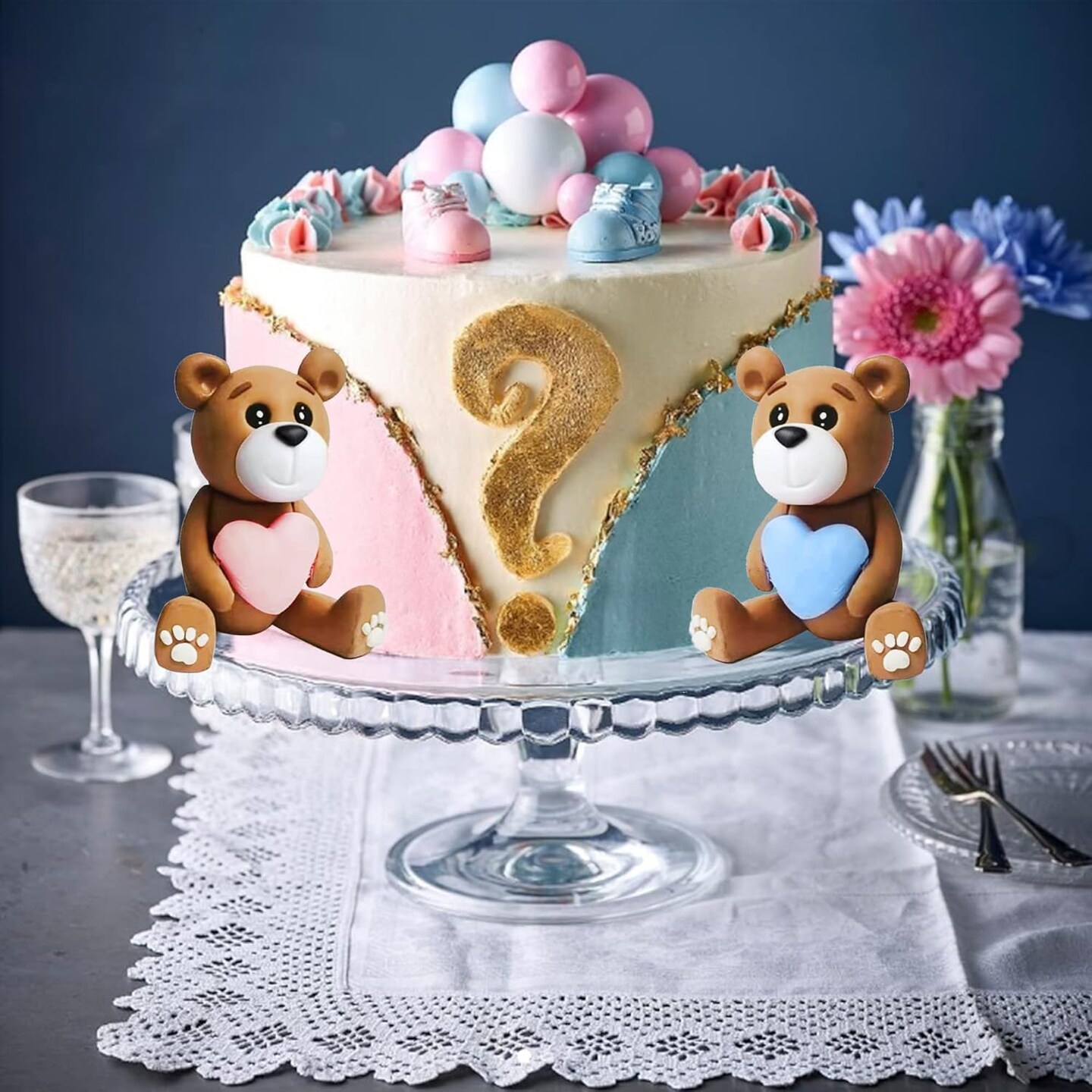 Bear Cake Toppers Bear Figurine Cake Decorations Pearl Balls For Baby Shower Gender Reveal Party Birthday Party Teddy Bear Theme Party Supplies (Blue Pink Heart)