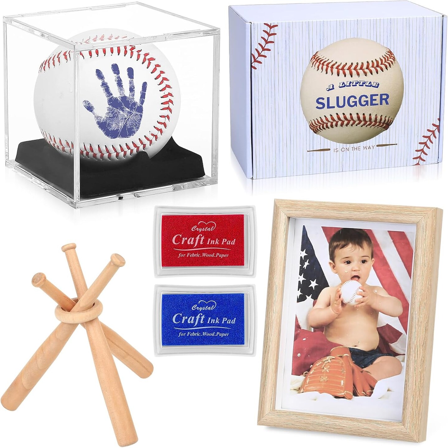 Baby Handprint &#x26; Footprint Kit with Photo Frame, Baseball Stand &#x26; Display Case &#x2013; Perfect Newborn Keepsake, Baseball Baby Shower Gifts New Dad First Parent&#x27;s Father&#x27;s Day Gift