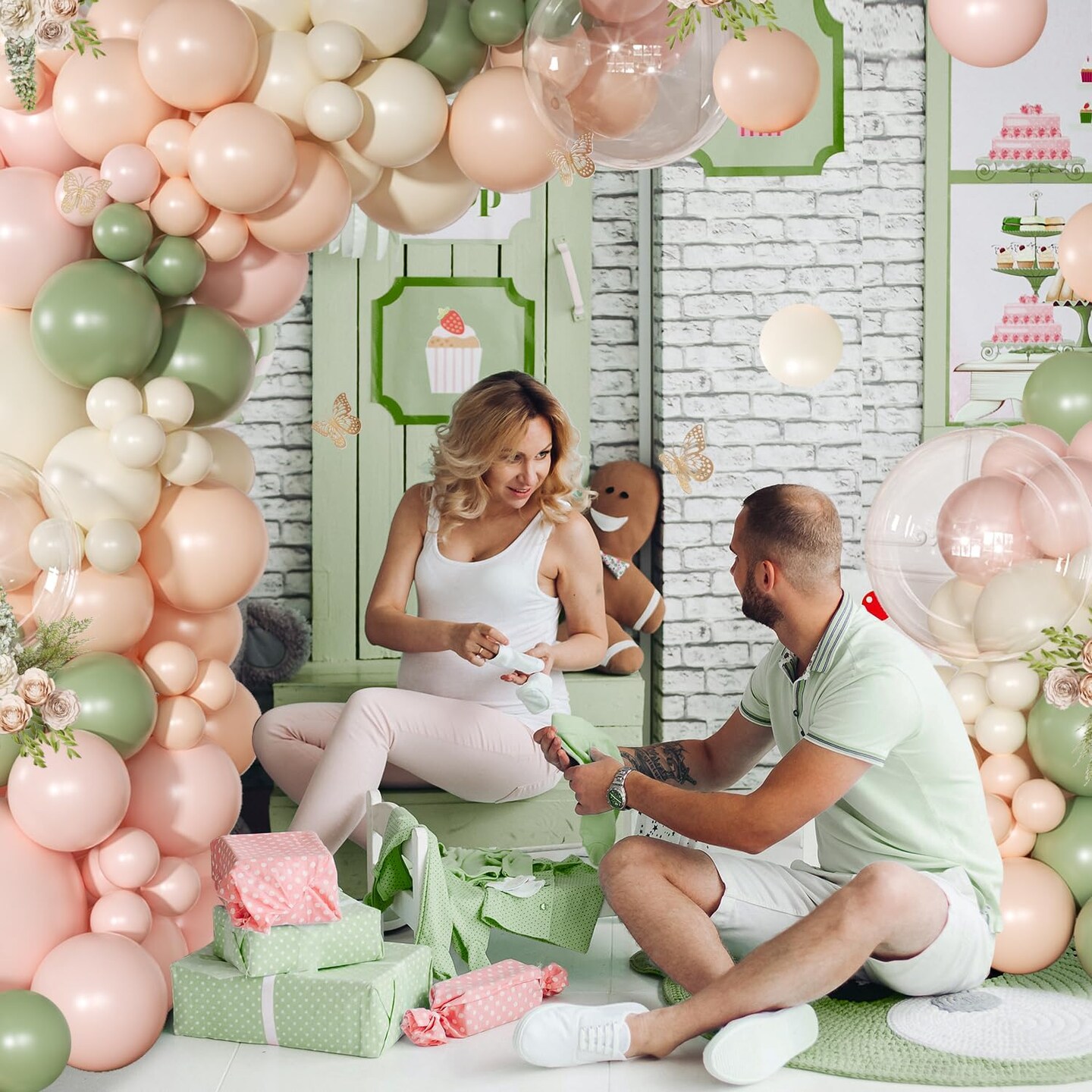 Pink and Sage Green Balloon Arch Kit - 131 Pcs Dusty Pink, Green and White Balloons for Baby Shower, Gender Reveal Decorations