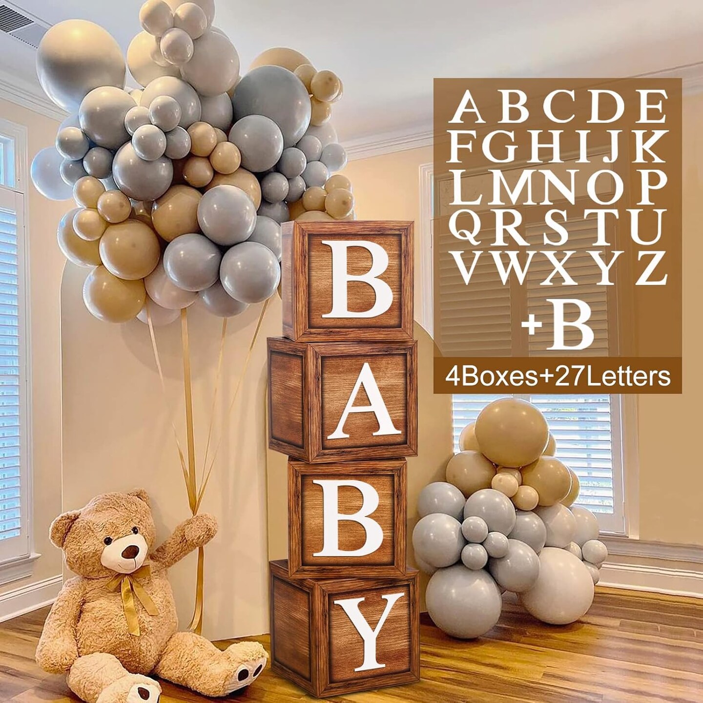 Brown Baby Balloon Boxes with 27 Letters - 4 Pcs Wooden Grain Baby Shower Blocks and A-Z+B Letters Woodland and Teddy Bear Decoration for Baby Shower, Gender Reveal