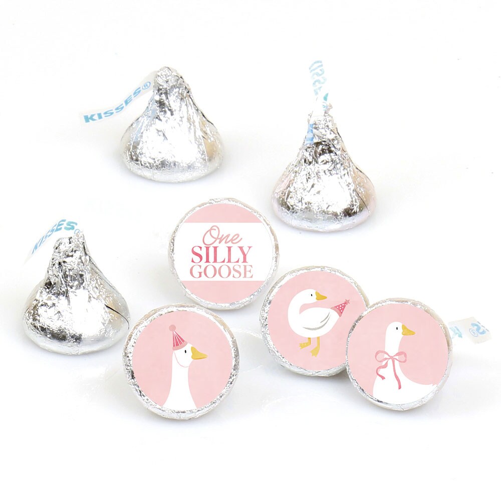 Big Dot of Happiness Mini One Silly Goose Pink Party Stickers Girl 1st Birthday Round Candy Favors - Small Labels Fit Chocolate Candy (1 Sheet of 108)