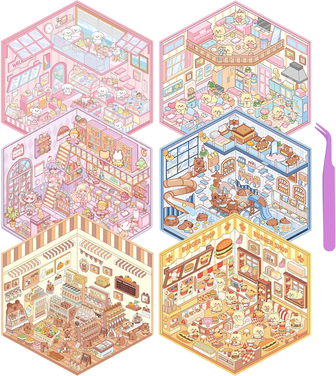 6 Set 3D Miniature Scene Stickers(Supermarket, Cafe, Library &#x26; Bathroom)