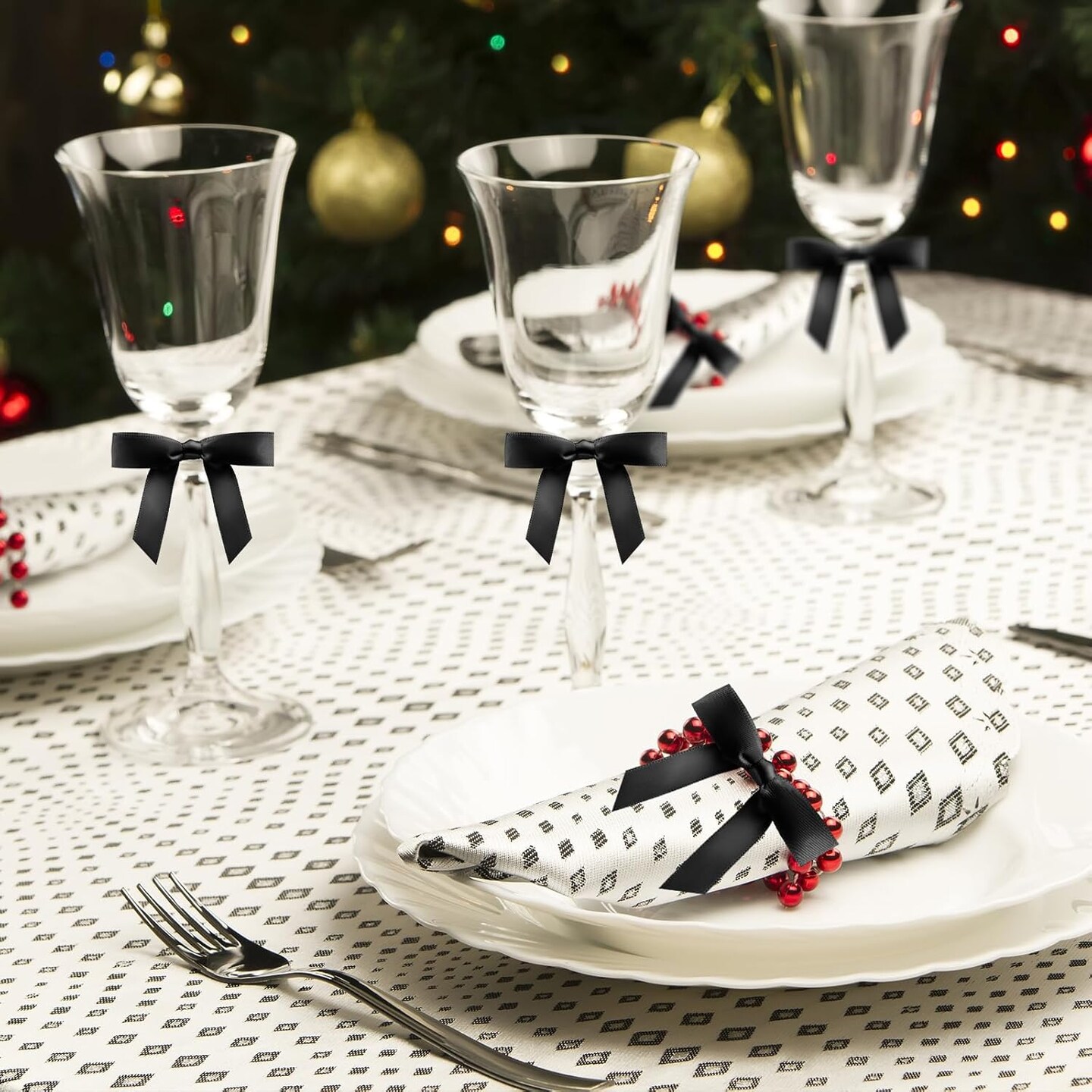 Satin Ribbon Black Bow Decor 2.5" Premade Pink Twist Tie Bows (50 Counts)