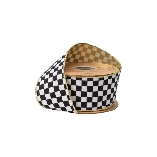 Black White Checkered Wired Velvet Ribbon Gold Back 2.5