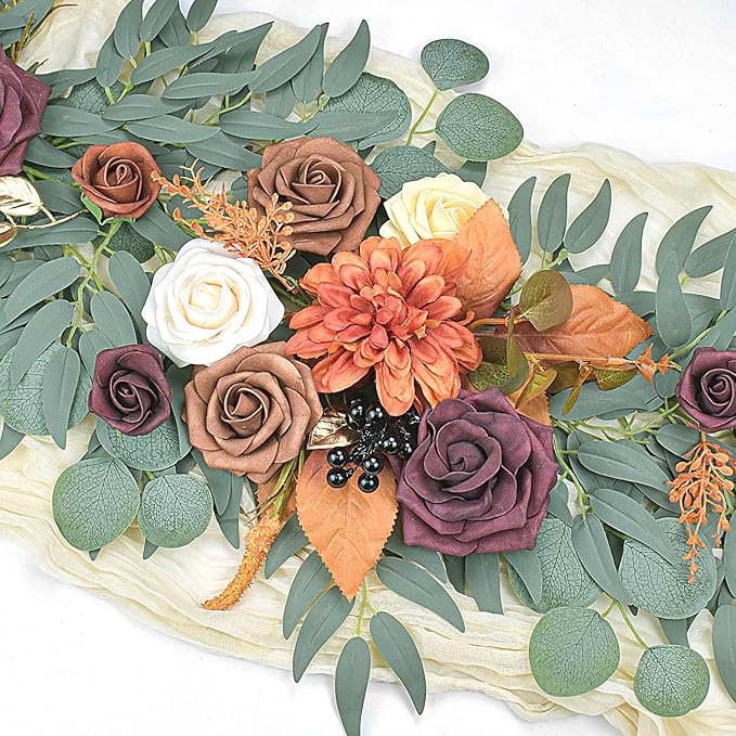 6Ft Burnt Orange Flower Garland – Fall Artificial Eucalyptus Garland with Flowers for Wedding Arch, Table Centerpiece, Fireplace & Bridal Shower Decor (Orange)